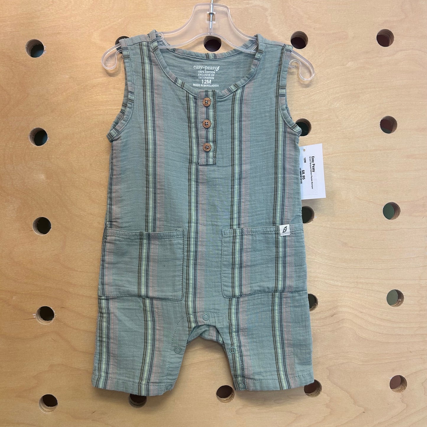 Green Striped Cotton Pocket Romper