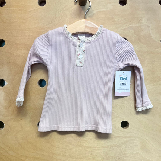 Pink Ribbed Lace Collar Floral LS