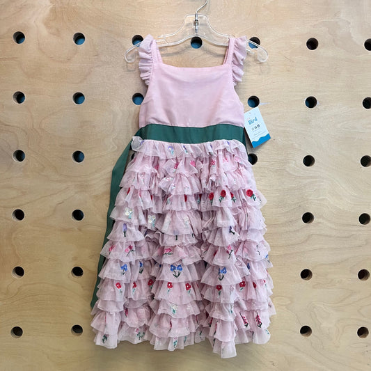 Pink Floral Tulle Ruffle Dress