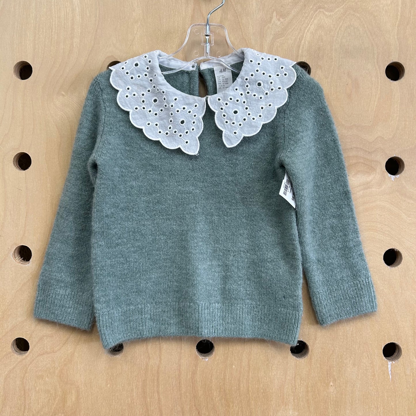 Green Wool Blend Eyelet Collar Sweater