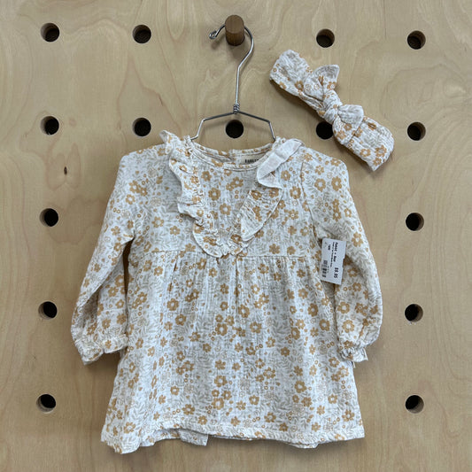 Cream & Tan Floral Muslin Dress