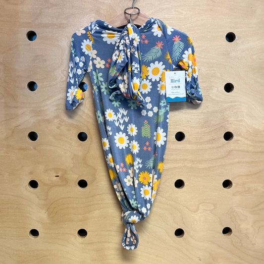 Blue Floral Bamboo Knotted Gown/Hat