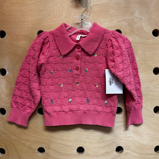 Pink Floral Knit Polo Sweater