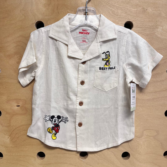 Cream Embroider Mickey Button Up