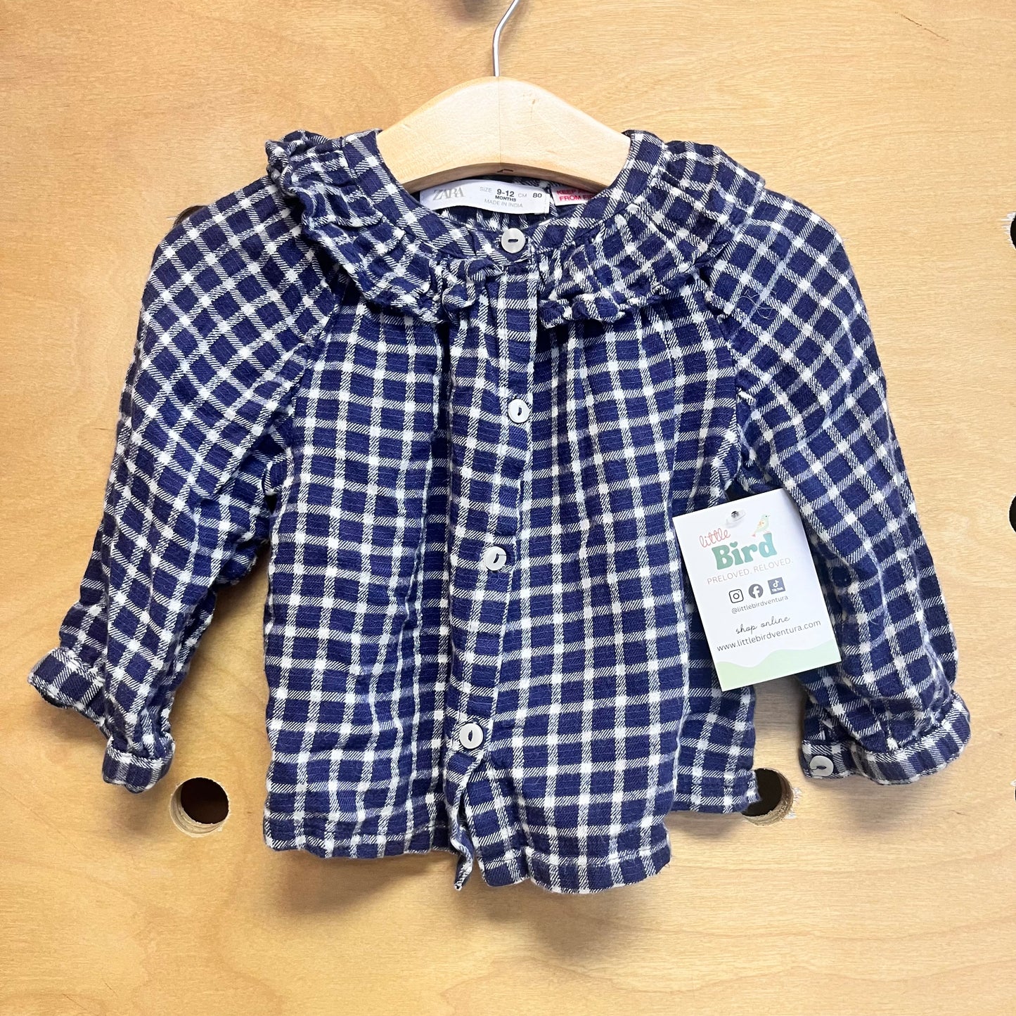 Blue Gingham Ruffle Collar LS