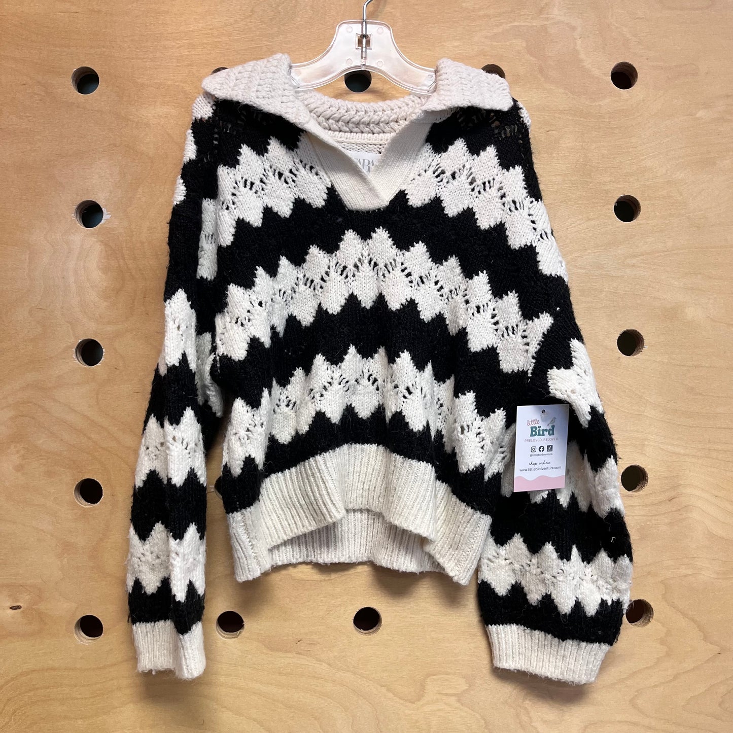 Cream/Black Open Knit Collared Sweater