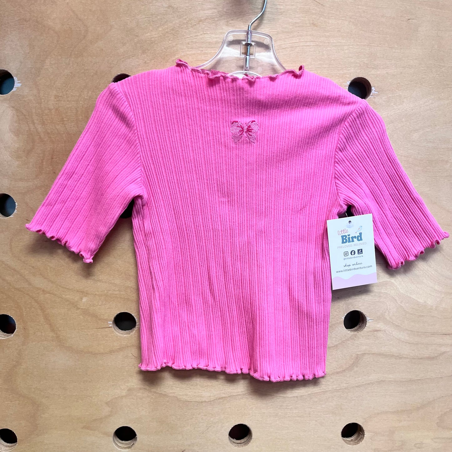 Pink Ribbed Embroidered Bow Tee