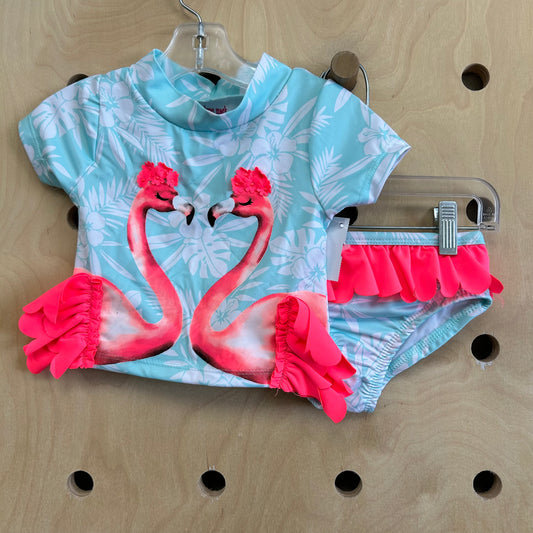 Teal+Neon Coral Flamingos Swimsuit