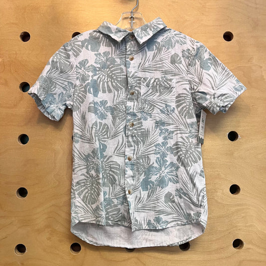 White & Green Tropical Leaf Button Up