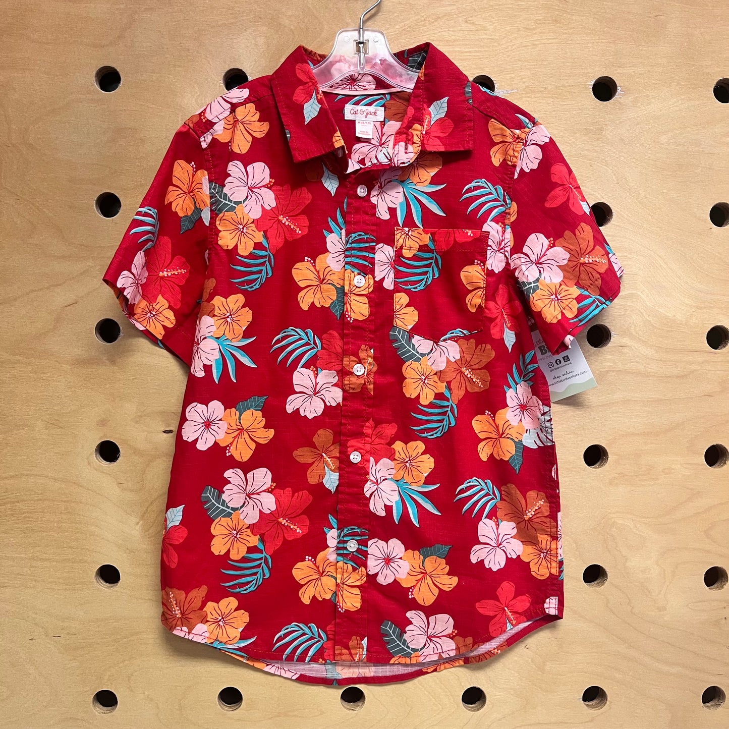 Red/Orange Hibiscus Button Up