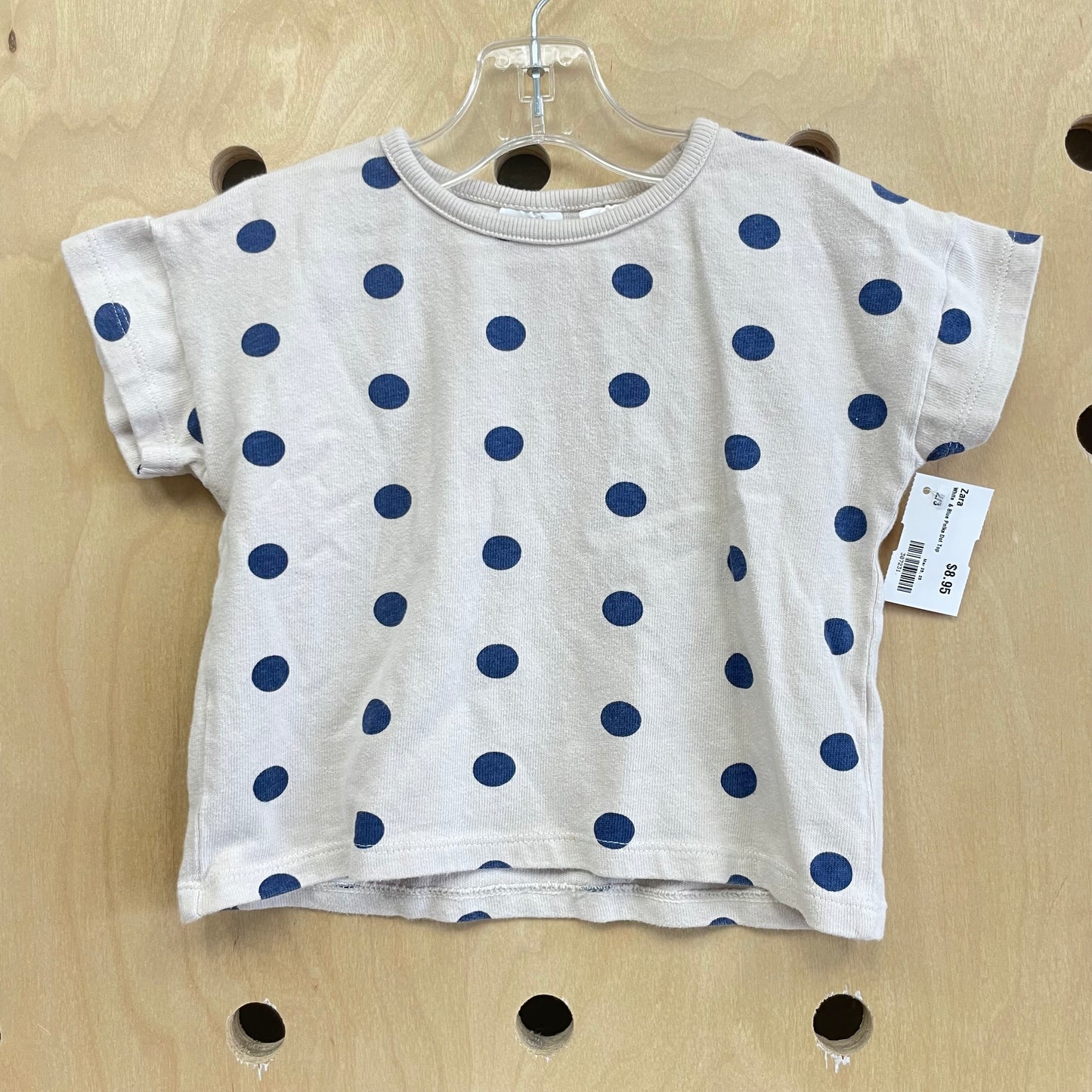 White  & Blue Polka Dot Top