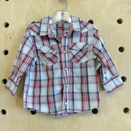 Grey + Red Plaid Western Snap Shirt