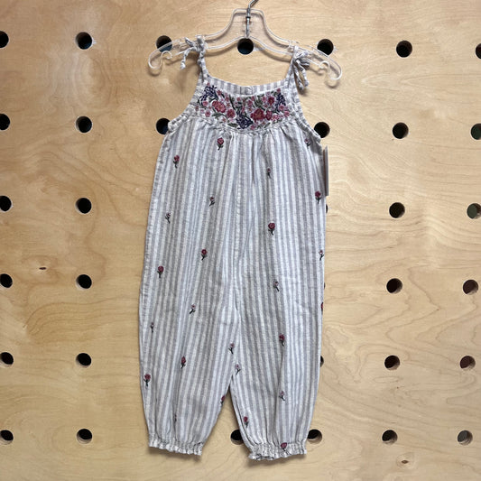 Grey Striped Emboidered Floral Romper