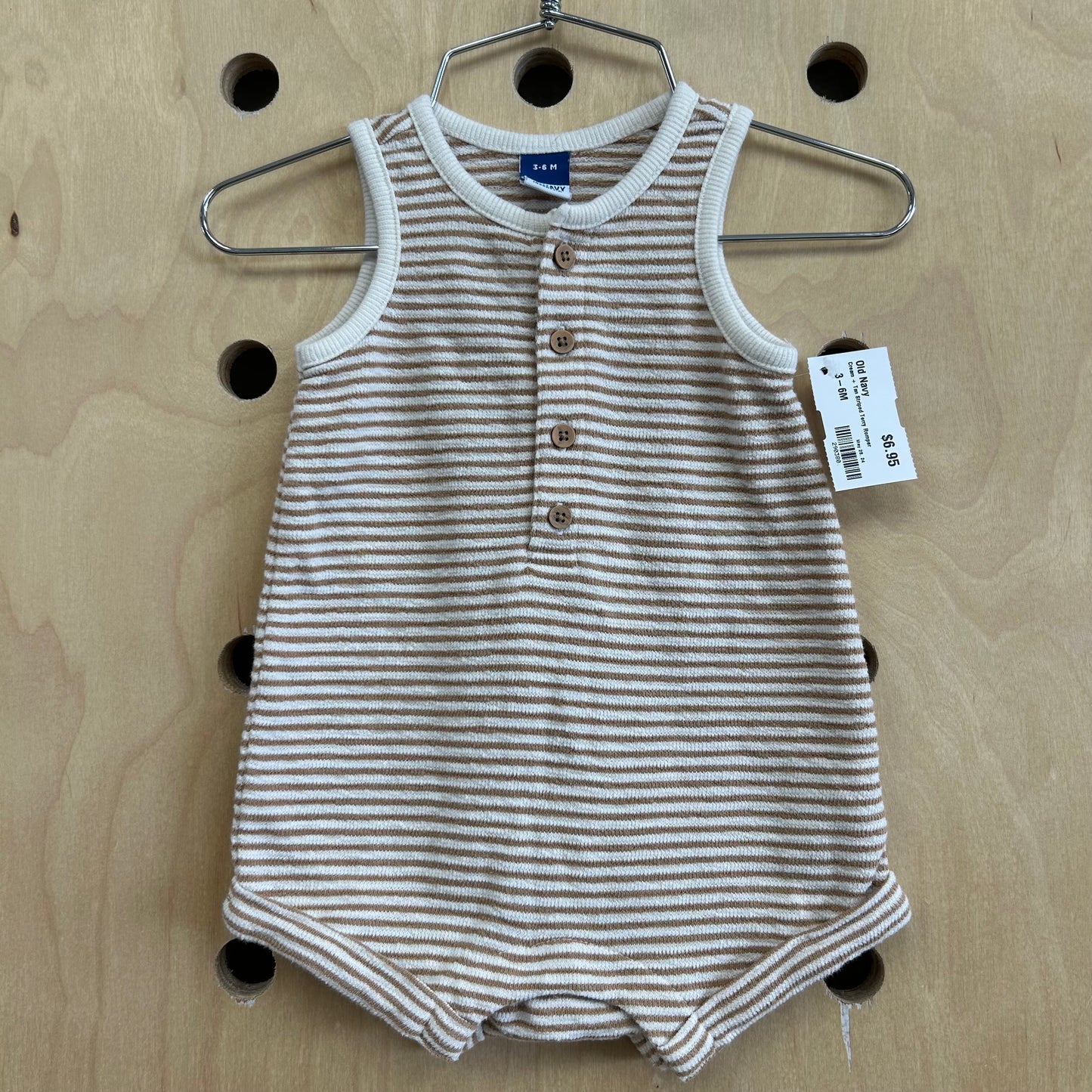 Cream + Tan Striped Terry Romper