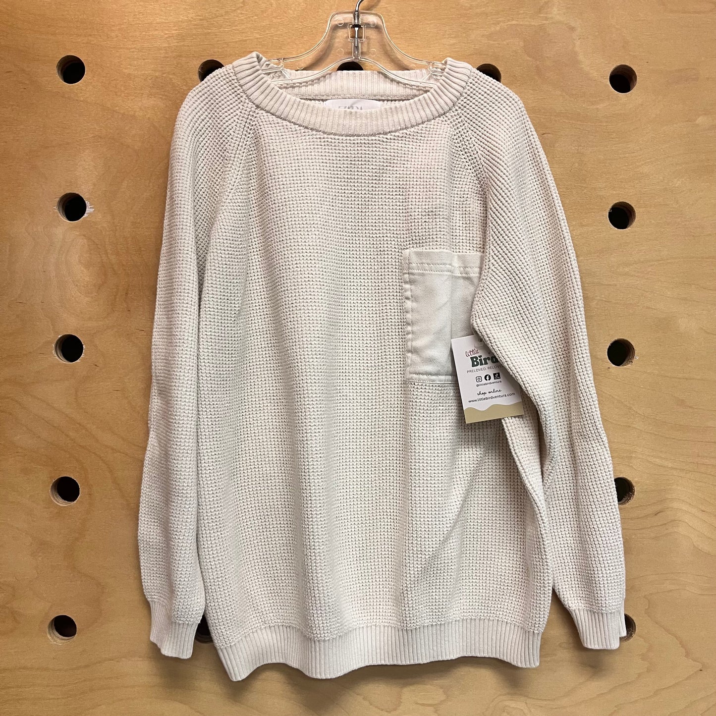 White Waffle Knit Pocket Sweater