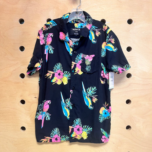 Black Floral Parrot Button Up