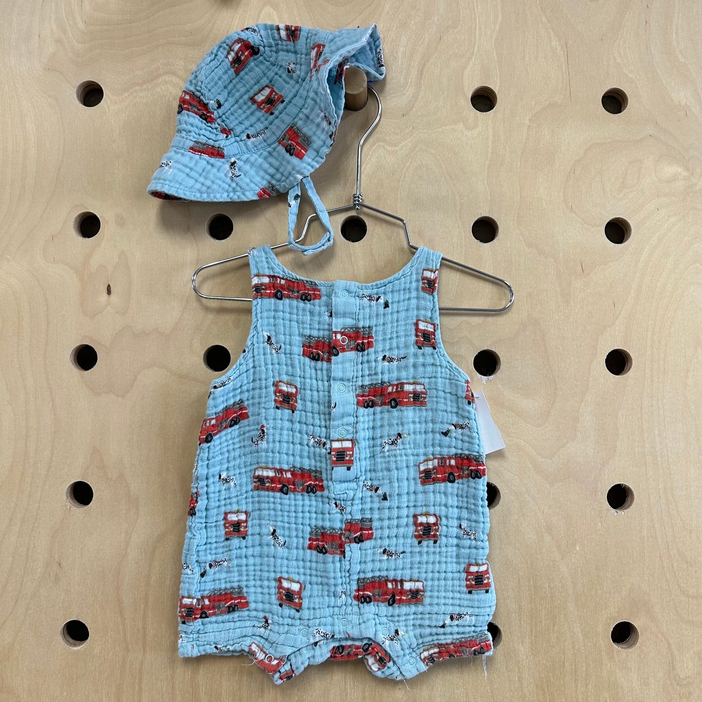 Blue Gauze Fire Truck Romper + Hat
