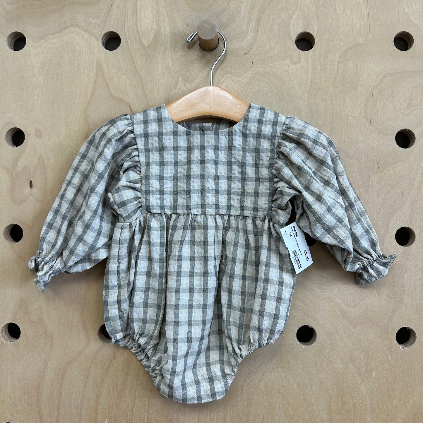 Grey & Beige Plaid Bubble Romper