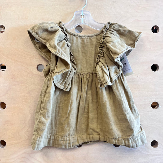Green Organic Gauze Ruffle Sleeve Dress
