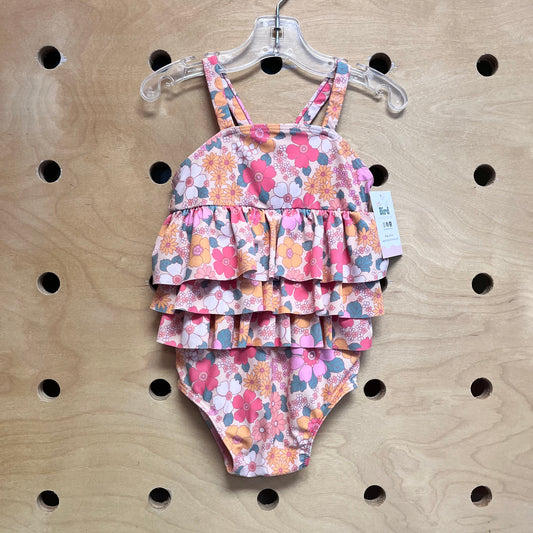 Cream/Pink Floral Ruffle Swimsuit