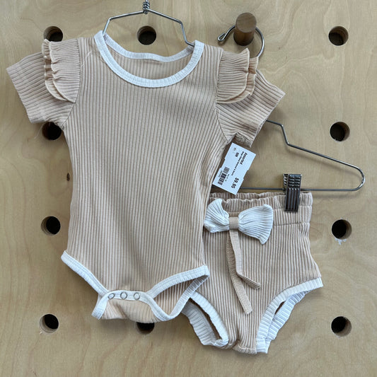 Beige Ribbed Bodysuit & Shorts
