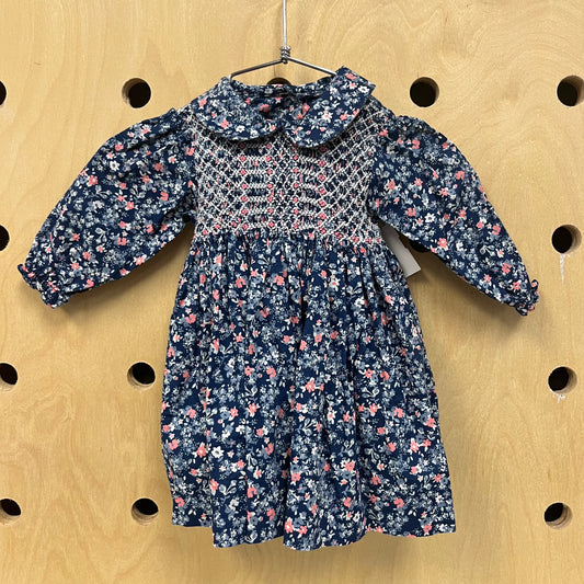 Dark Blue Floral Smocked Dress