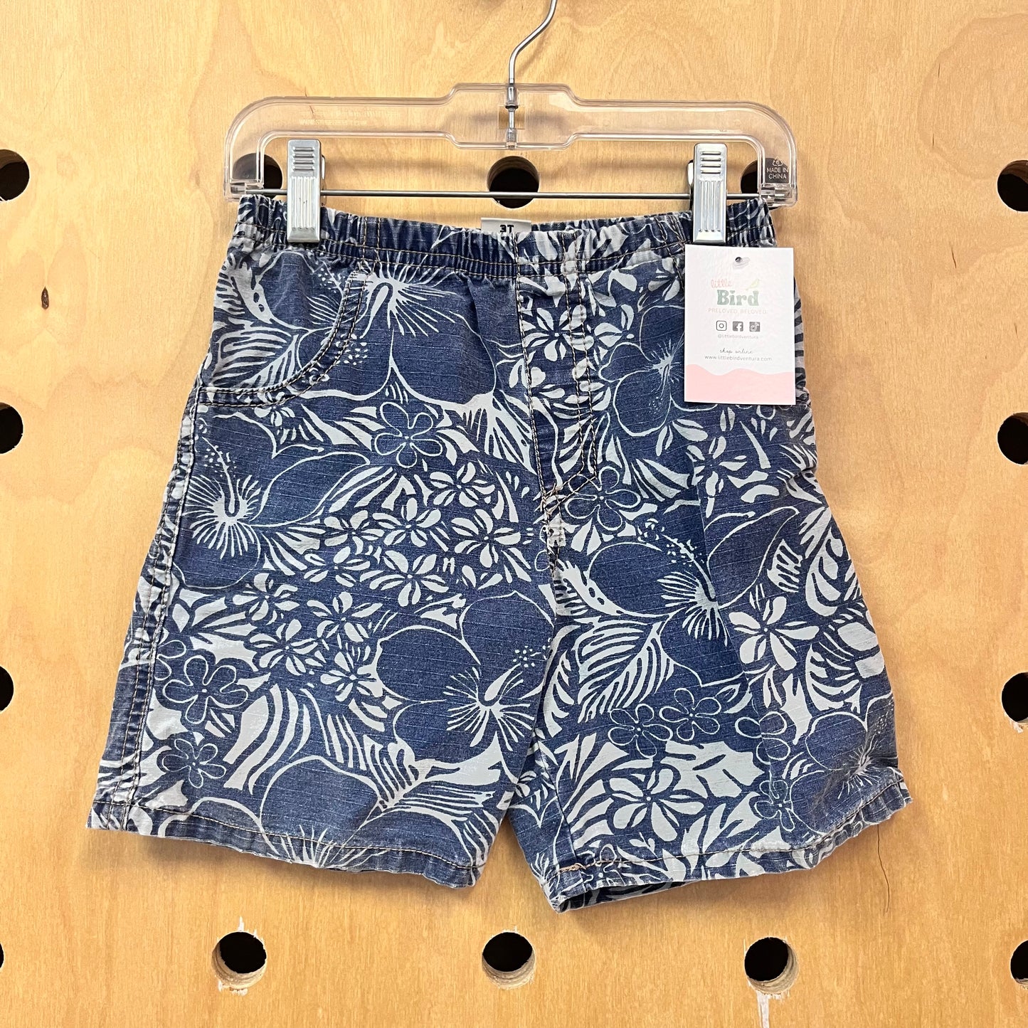Denim Hibiscus Elastic Waist Shorts