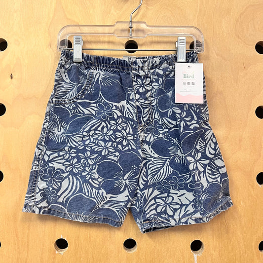 Denim Hibiscus Elastic Waist Shorts