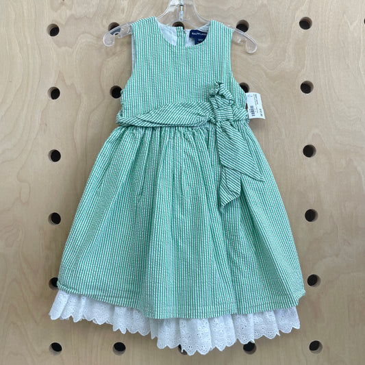 Green Striped Seercucker + Eyelet Dress