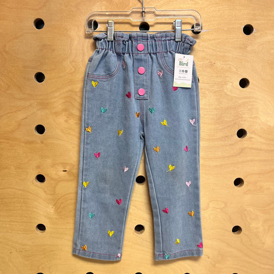Embroider Colorful Hearts Denim Pants