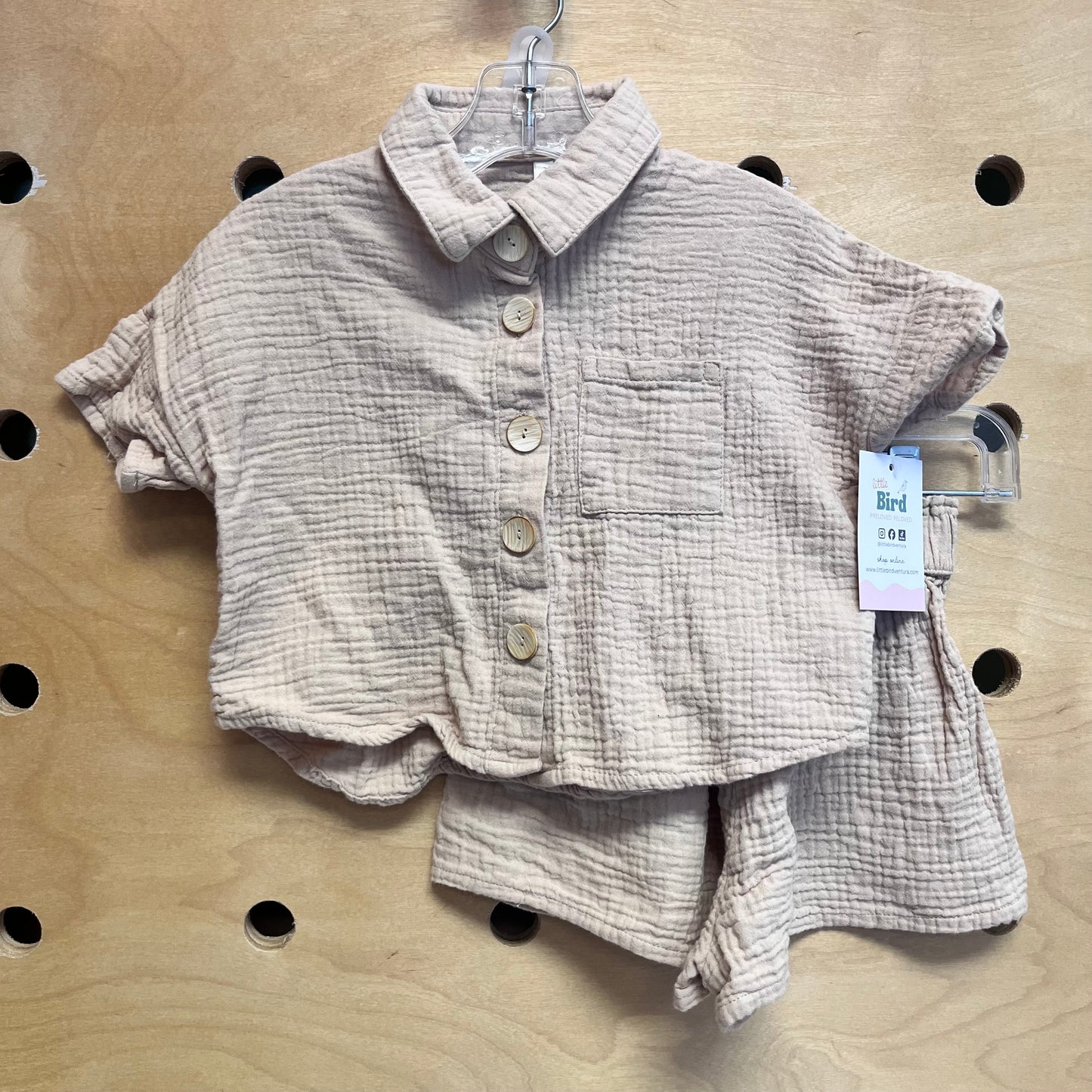 Beige Gauze Button Up & Shorts Outfit