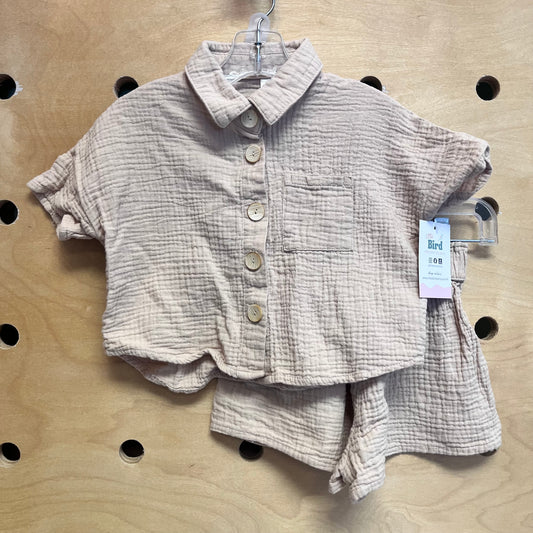 Beige Gauze Button Up & Shorts Outfit