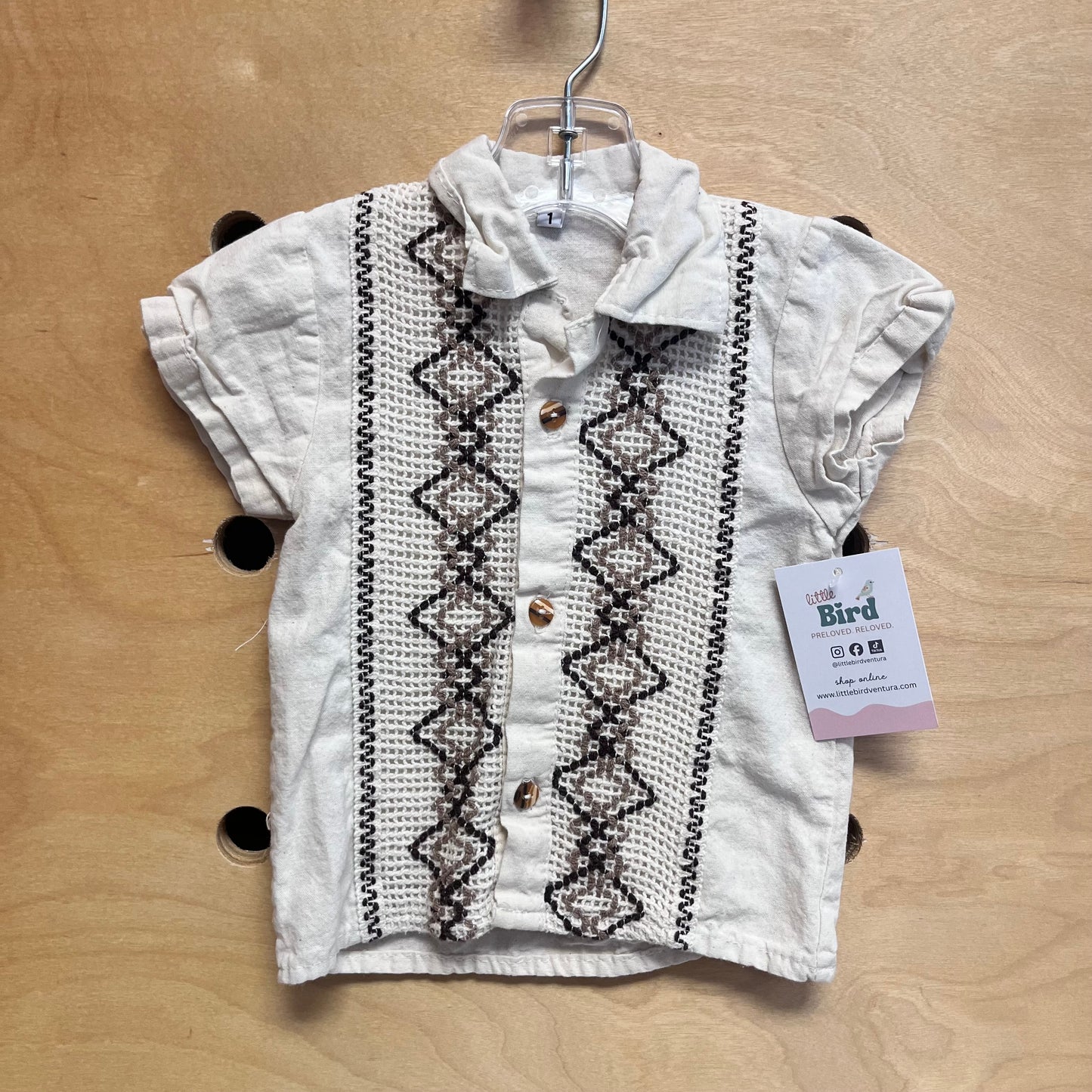 Beige Embroidered Linen-Blend Button Up