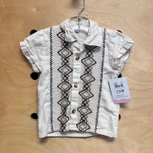 Beige Embroidered Linen-Blend Button Up