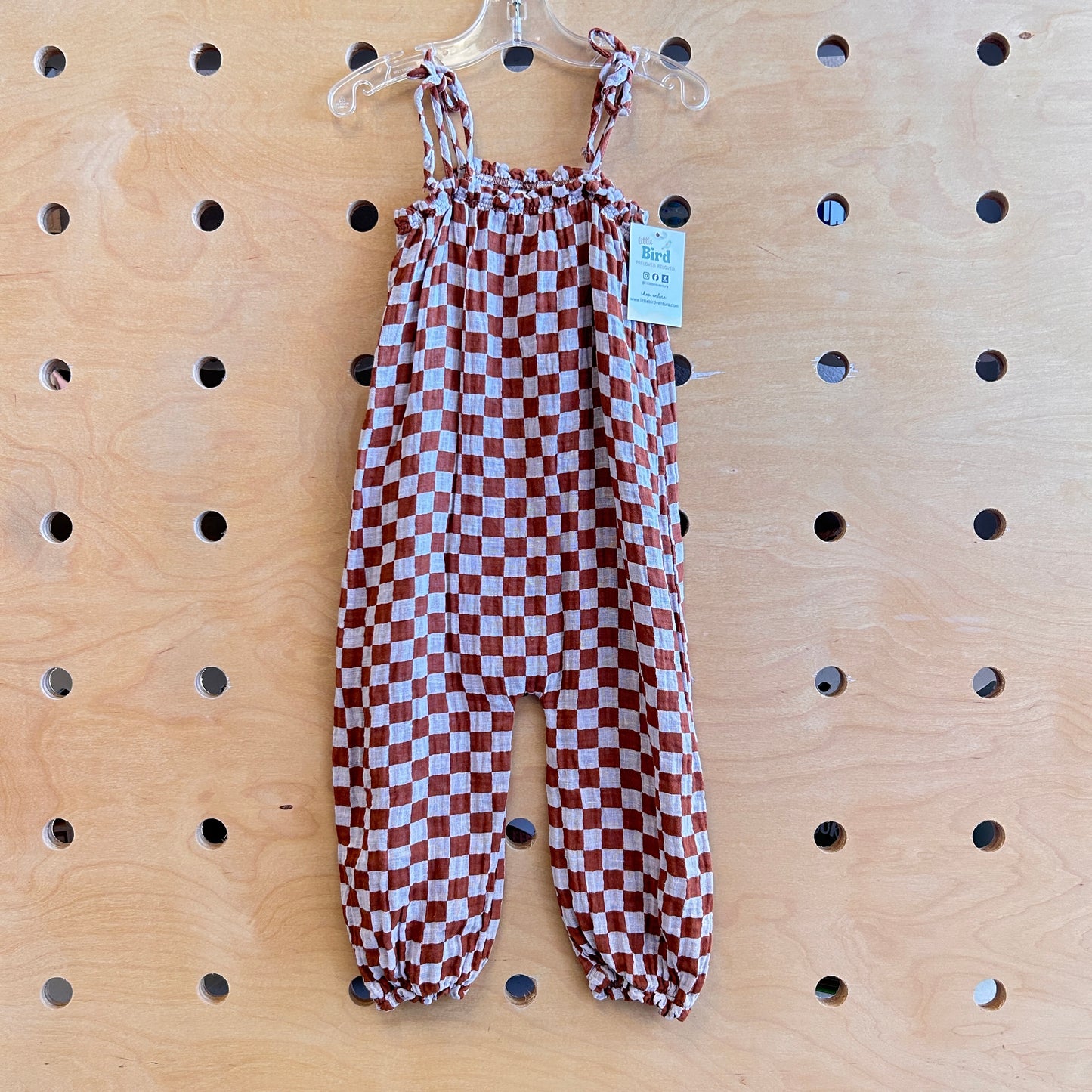 Brown Checkered Linen Blend Romper