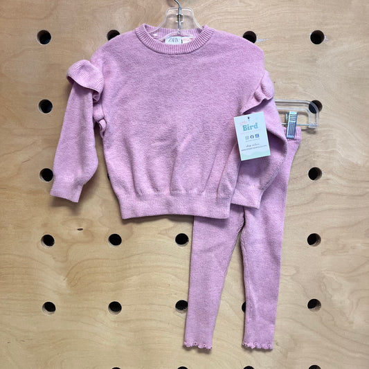 Pink Ribbed Ruffle Sleeve Outfit
