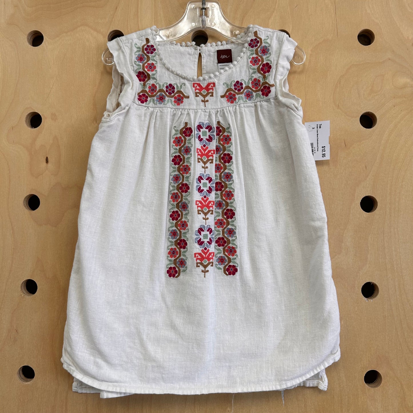 Cream Linen Blend Embroidered Dress
