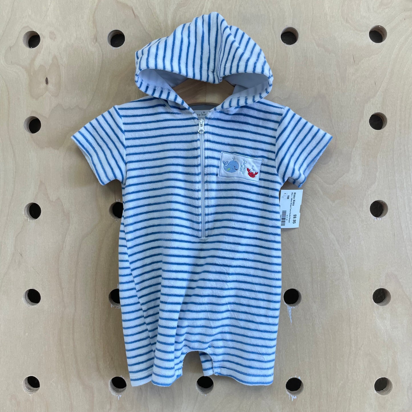 Blue + White Striped Terry Hoodie Romper