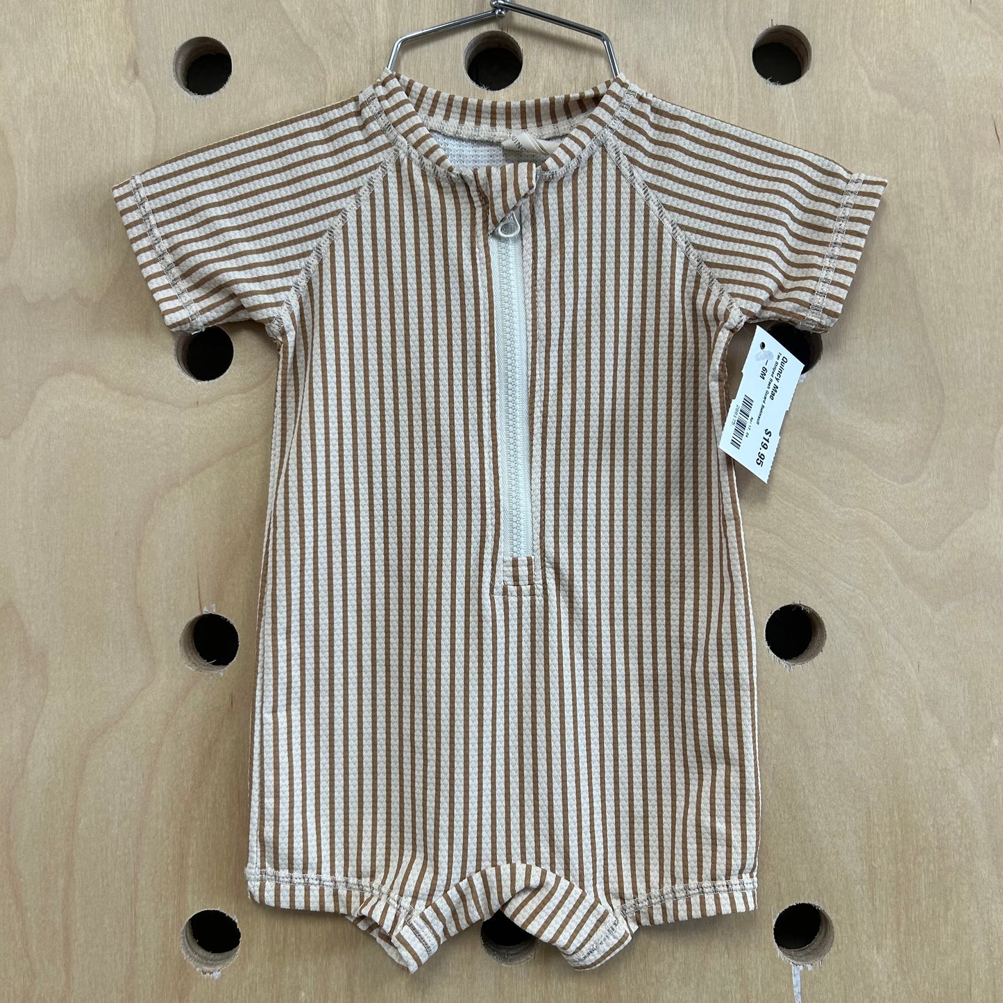 Tan Striped Rash Guard Swimsuit
