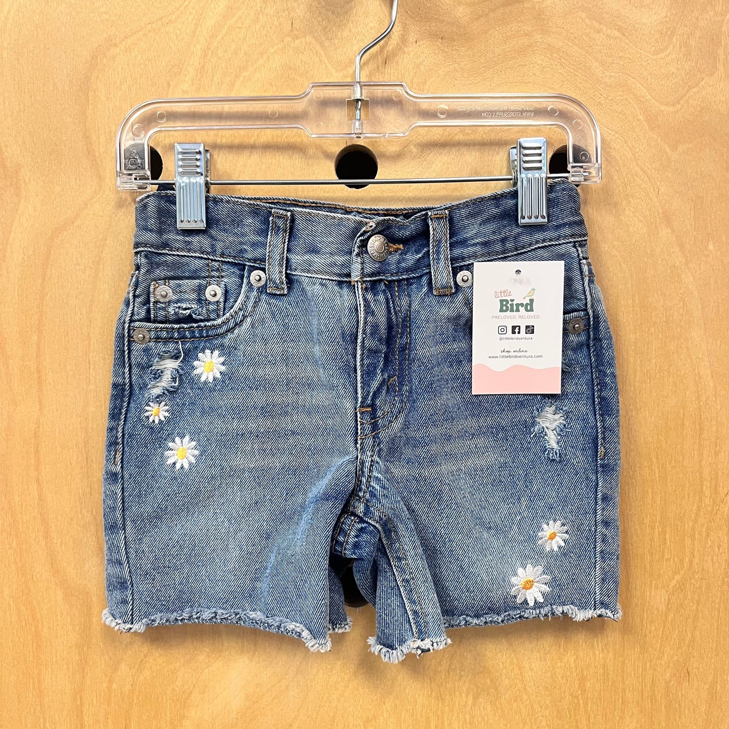 Distressed Daisy Denim Midi Shorts