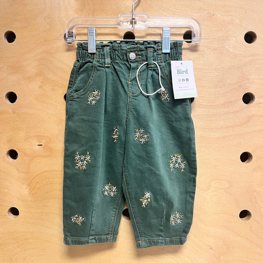 Embroidered Floral Green Denim Pants
