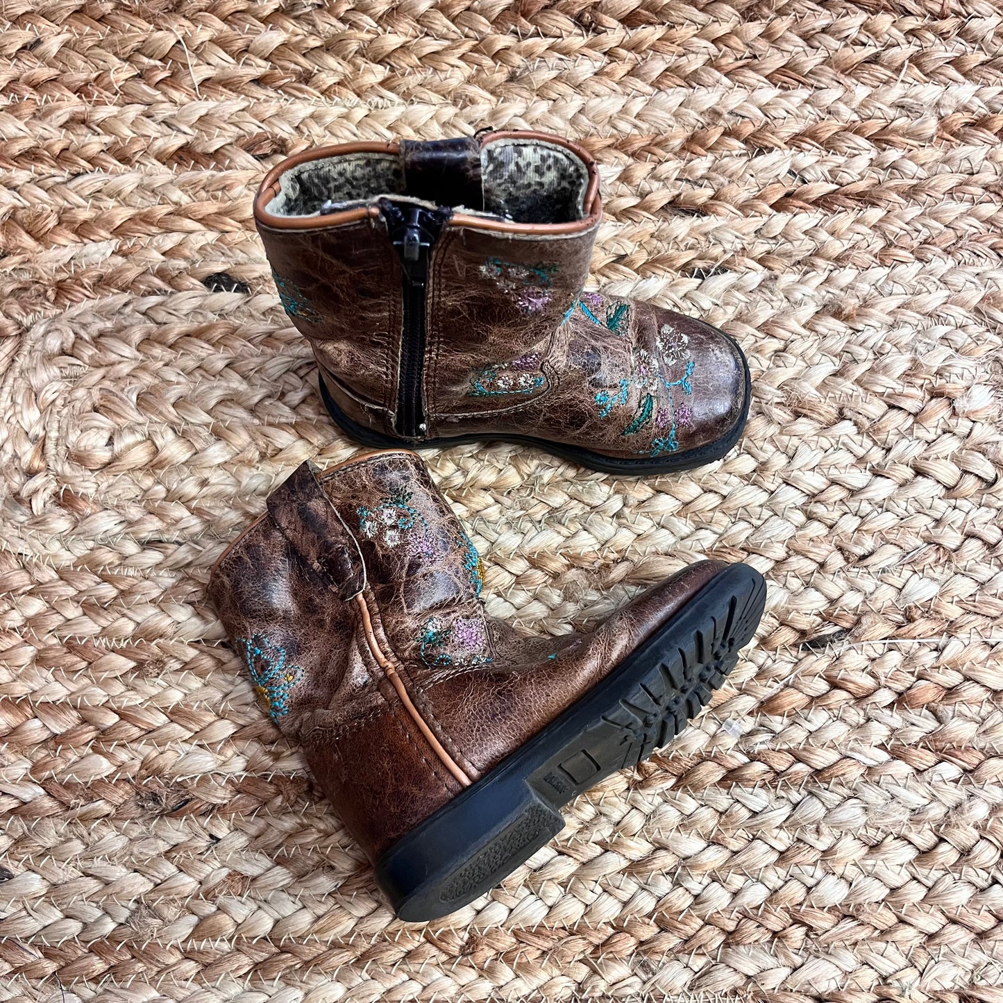 Brown & Floral Embroidered Leather Boots