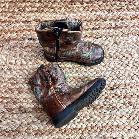 Brown & Floral Embroidered Leather Boots