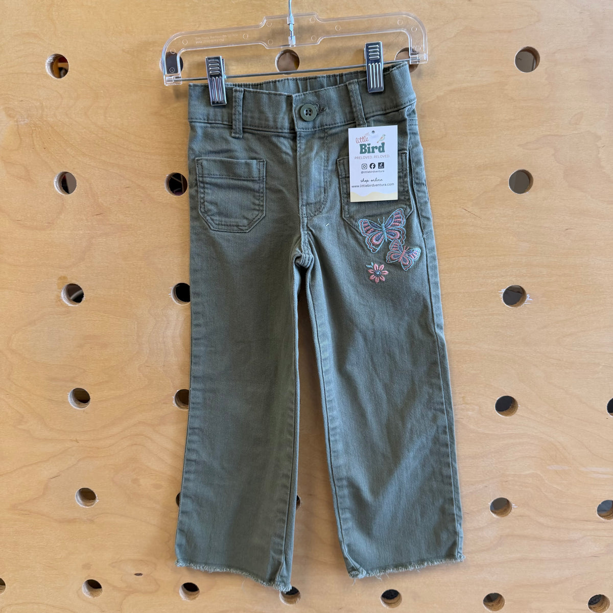 Green Embroidered Butterfly Denim Pants