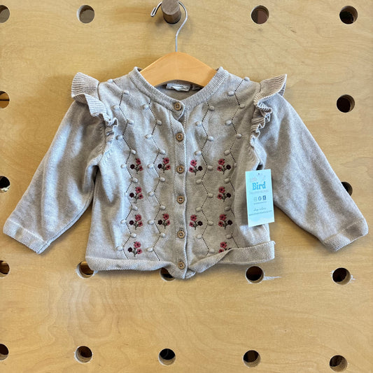 Tan Embroider Floral Pom Pom Cardigan