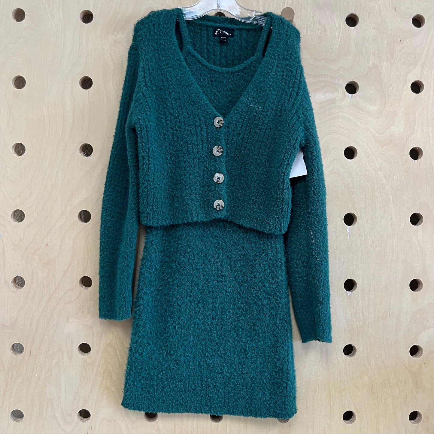 Green Knit Dress+Cardigan Set