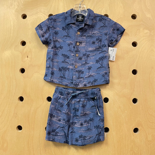 Blue Palm Tree Button Up & Shorts