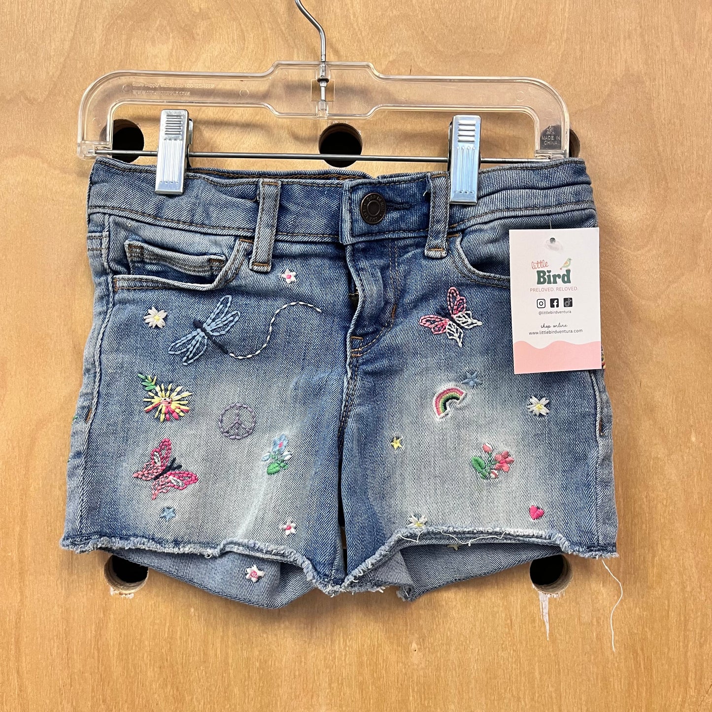 Butterfly Embroidered Denim Midi Shorts