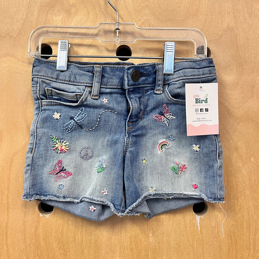 Butterfly Embroidered Denim Midi Shorts