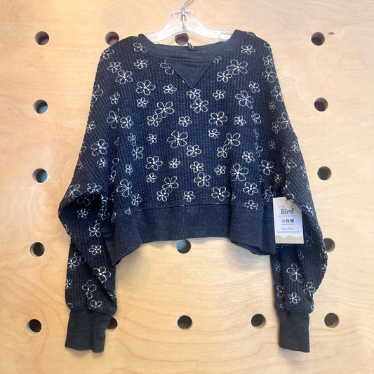 Grey/White Floral Waffle Knit Crop LS